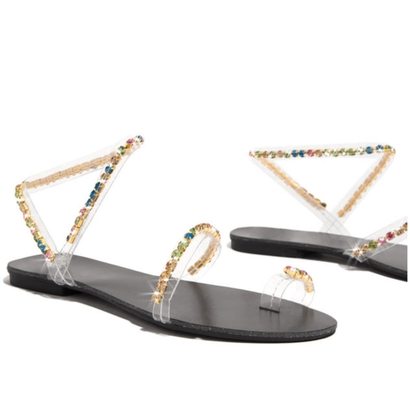 𝙍𝙀𝙎𝙏𝙊𝘾𝙆𝙀𝘿🖤Gems Jeweled Clear Strap Sandals - Picture 3 of 7